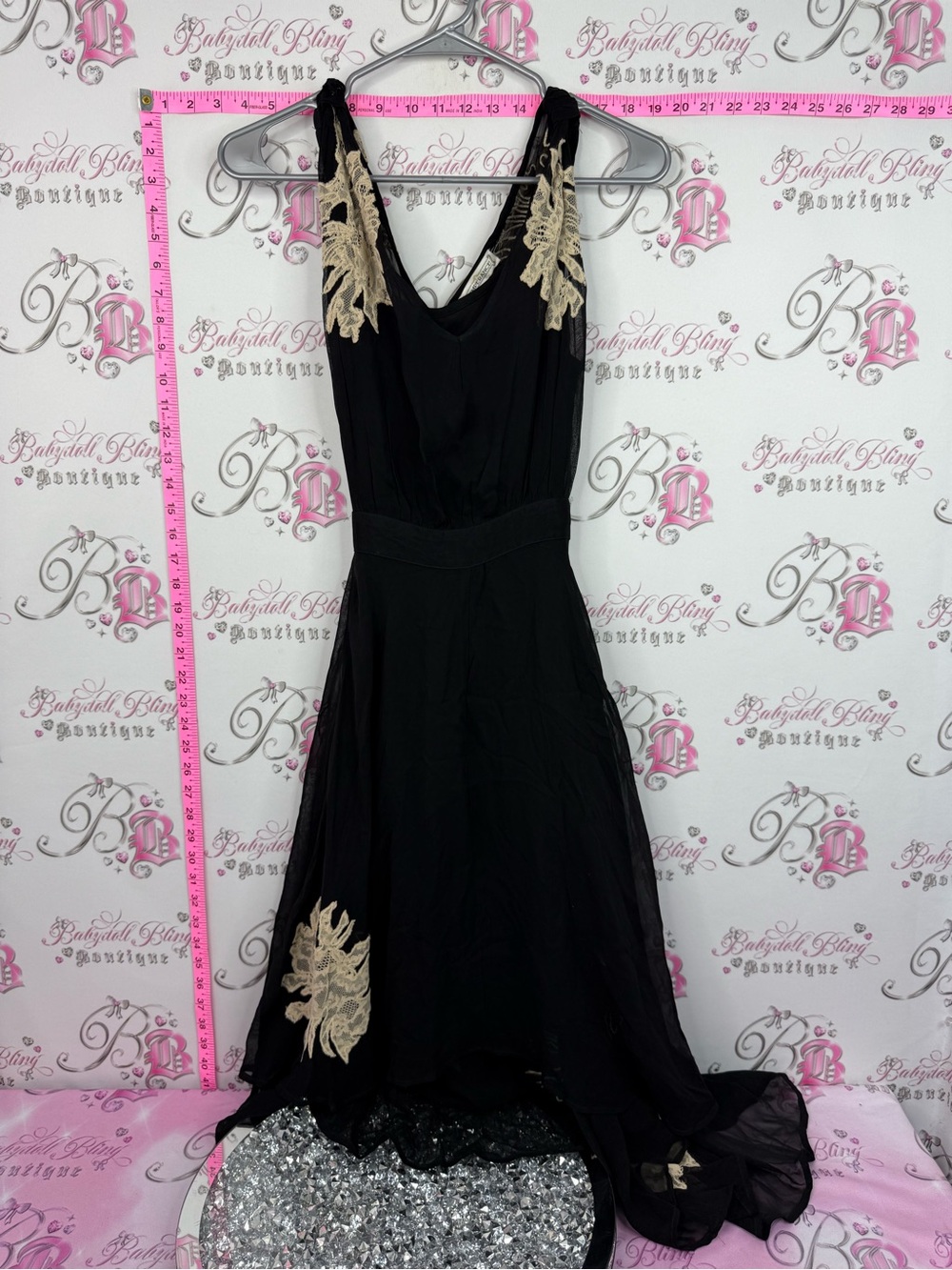 TEMPERANCE DRESS Black Sleeveless Dress with Gold Lace Appliqué